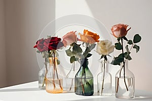 Flowers Roses In Vase On White Background Copy Space. Generative AI