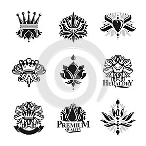 Flowers, Royal symbols, floral and crowns, emblems set. Heraldic Coat of Arms decorative logos isolated vector illustrations
