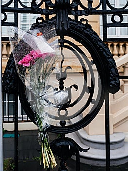 Flowers at Russian Consulate Embassy mourning of victims of fire