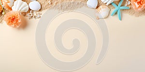 Flowers and sea shells frame on sand background with starfish and copy space. Design template