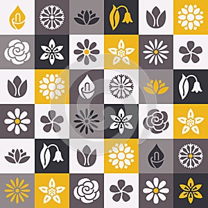 Flowers seamless pattern with flat glyph icons. Floral background beautiful garden plants chamomile, sunflower, rose