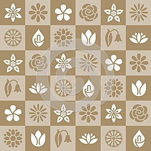 Flowers seamless pattern with flat glyph icons. Floral background beautiful garden plants chamomile, sunflower, rose