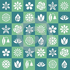 Flowers seamless pattern with flat glyph icons. Floral background beautiful garden plants chamomile, sunflower, rose