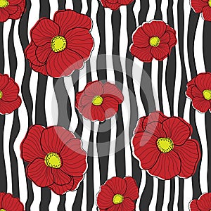 Flowers seamless pattern. Red poppies on striped black and white background. Floral print for textile, wallpapers, fabric and