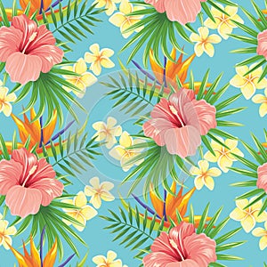 Flowers seamless pattern. Stylish spring flower, tropical plants leaves and floral ornamental tiles vector background