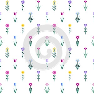Flowers seamless repeat vector regular pattern, simple geometric minimalist style, spring background.