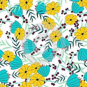 Flowers seamless, vector background. Flowers, wild grass and sprigs of berries