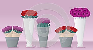 Flowers shop. Fresh flowers and bouquets in vase and in bucket. Rose, Tulip, Gerbera flowers. Vector illustration