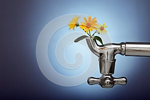 Flowers sprouted in the metal tap