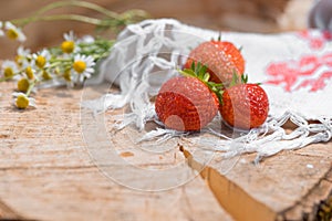 flowers and strawberries on an old wooden log.