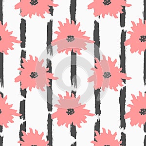 Flowers on striped background painted with rough brush. Floral seamless pattern.