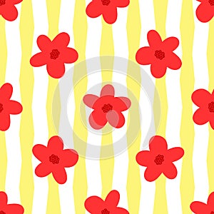 Flowers on striped background. Simple floral seamless pattern.