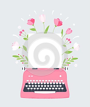 Flowers Styles Typewriter with Blank Sheet of Paper. Spring Event, Womans Day or Mothers Day Card or Poster. Vector