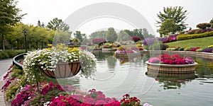 Flowers surrounding pond in garden photo