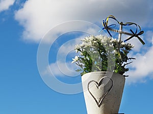 Flowers and swedish flag ribbons against a blue sky.