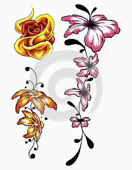 Flowers tattoo set. Set of labels and elements. Vector set illustration template tattoo.