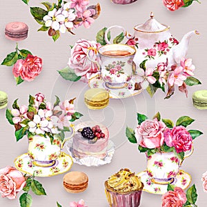 Flowers, tea cup, cakes, macaroons, pot. Watercolor. Seamless background