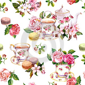 Flowers, tea cup, cakes, macaroons, pot. Watercolor. Seamless background