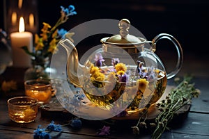 Flowers tea green healthy water teapot blossom herbal background hot drink