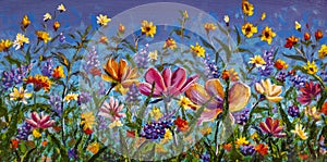 Flowers texture oil painting, Art Painted wildflowers Image color, handmade paint brush by artist