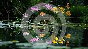 flowers and their reflection in the pond