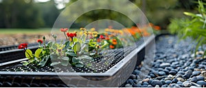 Flowers Thriving Above Mesh-Protected Troughs. Concept Gardening, Flower Care, Plant Protection photo