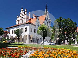 Flowers and townhall in Levoca, Slovakia