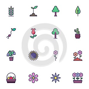 Flowers trees filled outline icons set