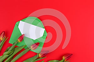 Flowers tulips and green envelope with white card on red background