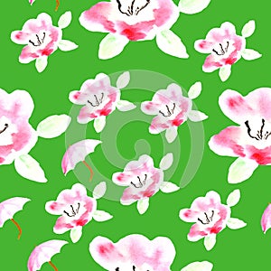 Flowers and umbrellas, plants. Colored seamless pattern. Background illustration, decorative design for fabric or paper.