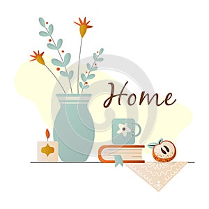 flowers in a vase, a candle, a cup on a book and an apple. cozy home atmosphere