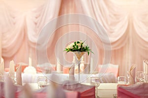 Flowers in the vase. Elegance table set up for wedding