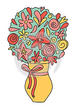 Flowers in a vase magnificent bouquet isolated on a white background.Red flowers in a yellow vase in the style of a cartoon.Print