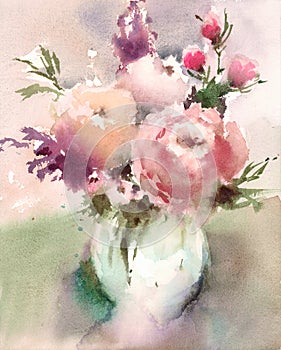 Flowers in a Vase Watercolor Still Life Illustration Hand Painted photo