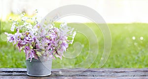 Flowers in a vase on a wooden table, a green background with sun highlights and rays.