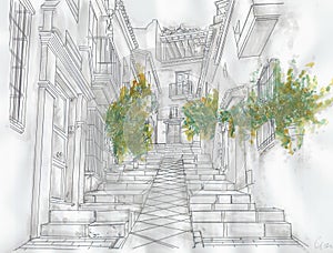 flowers with vases on the steps of an ancient town landscape in perspective