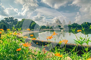 Flowers and Victoria Memorial, Kolkata, Calcuatta, India .