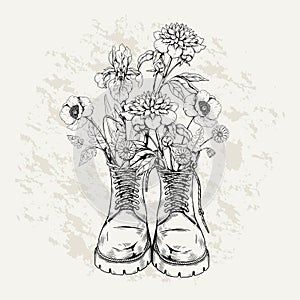 Flowers in vintage boot. Sketch shoe of hipster with wild hand drawn garden. Retro adventure and walk. Blooming plants