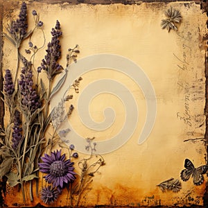 Flowers with vintage paper. Perfect old paper frame with floral decoration. Background copy space text. Flowers with