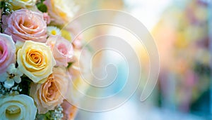 Flowers Wall Background With Amazing Multicolor Roses, Wedding Decoration, Retro Filter Tone