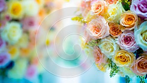 Flowers Wall Background With Amazing Multicolor Roses, Wedding Decoration, Retro Filter Tone