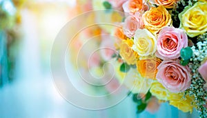 Flowers Wall Background With Amazing Multicolor Roses, Wedding Decoration, Retro Filter Tone