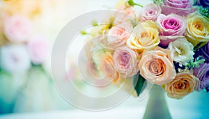 Flowers Wall Background With Amazing Multicolor Roses, Wedding Decoration, Retro Filter Tone