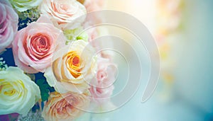 Flowers Wall Background With Amazing Multicolor Roses, Wedding Decoration, Retro Filter Tone