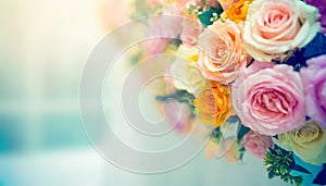 Flowers Wall Background With Amazing Multicolor Roses, Wedding Decoration, Retro Filter Tone