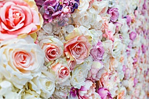 Flowers wall background with amazing red and white roses, Wedding decoration,