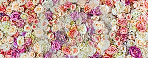 Flowers wall background with amazing red and white roses, Wedding decoration