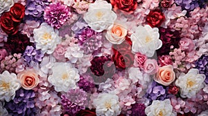 Flowers wall background with amazing red and white roses, wedding decoration, hand made. Generative AI