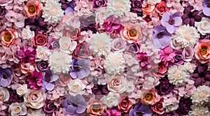 Flowers wall background with amazing red and white roses, wedding decoration, hand made. Generative AI