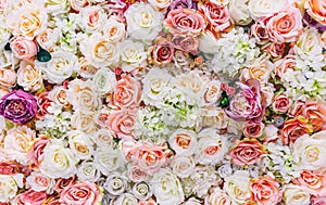 Flowers wall background with amazing red and white roses, Wedding decoration, hand made